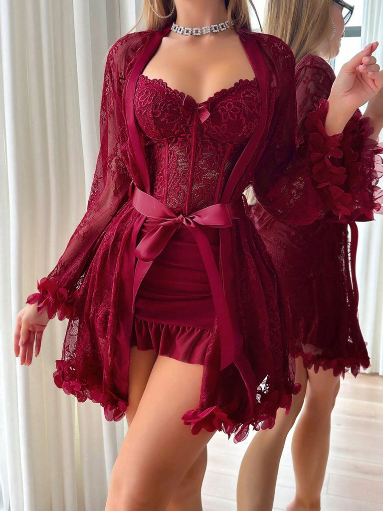 1960s Spaghetti Strap Lace Belted Sleepwear Set - vintage nightgown, retro sleepwear