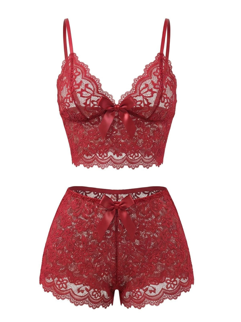 1960s Spaghetti Strap Lace Floral Bow Pajama Set - vintage fashion, retro style