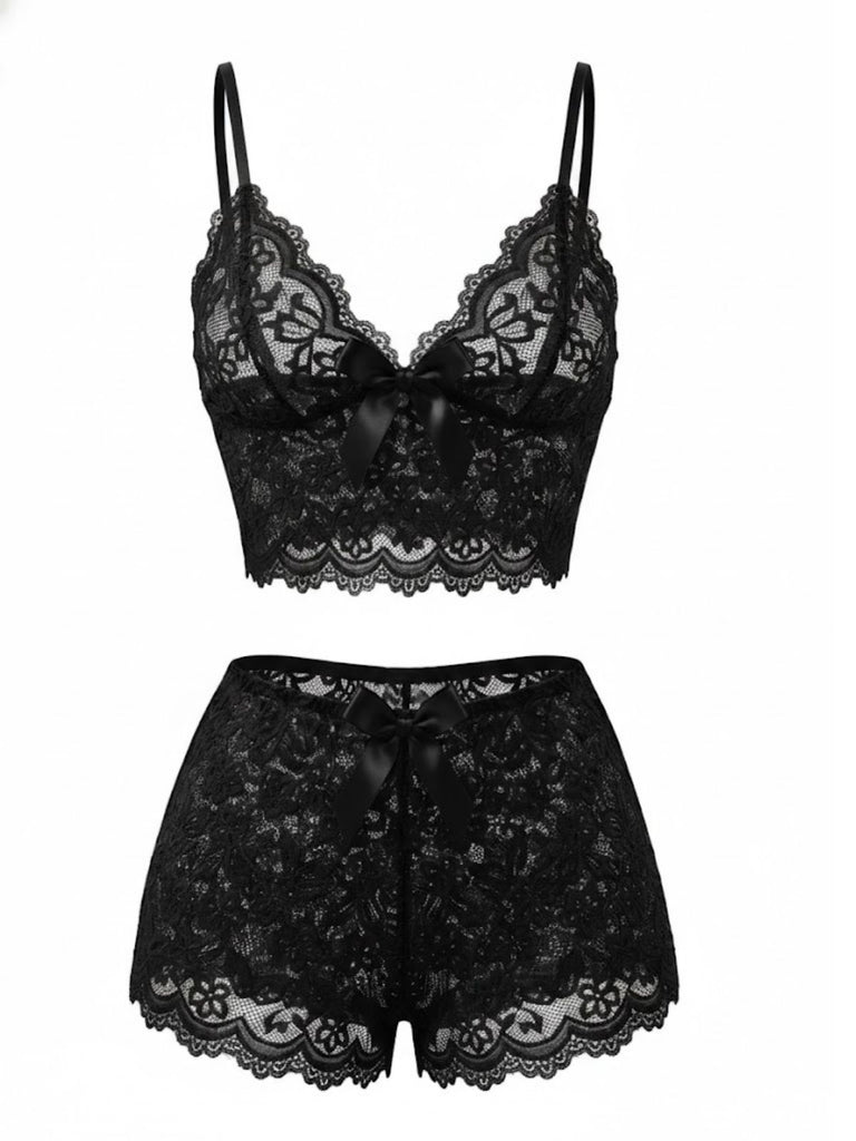1960s Spaghetti Strap Lace Floral Bow Pajama Set - vintage fashion, retro style