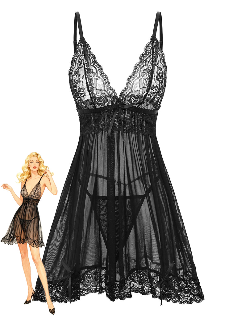 1960s Spaghetti Strap Lace Sheer Babydoll Lingerie Set | Retro Stage 1960s Spaghetti Strap Lace Sheer Babydoll Lingerie Set | Retro Stage