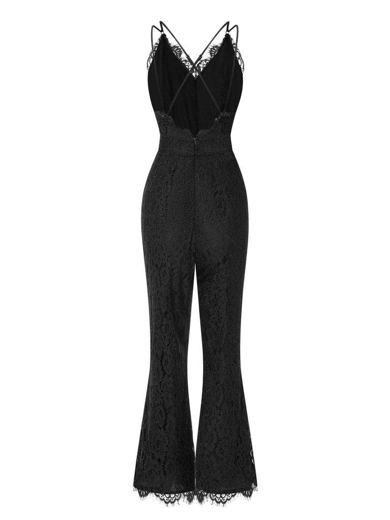 This 1960s Spaghetti Strap V-Neck Lace Jumpsuit whispers 1960s secrets to those who notice