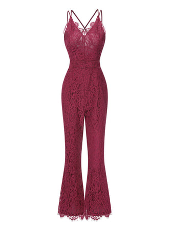 She finds her 1960s story in this 1960s Spaghetti Strap V-Neck Lace Jumpsuit