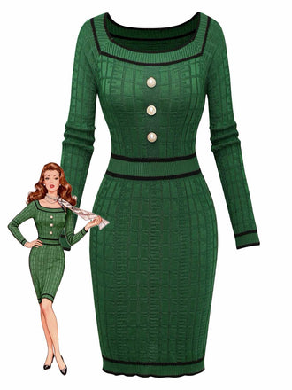 1960s Square Neck Pearl Button Knitted Dress - vintage dress, retro fashion