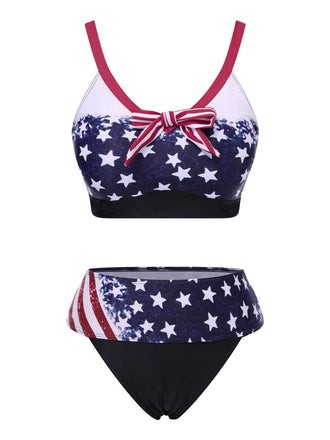 She's wearing 1960s Strap Stars Stripes Bow Bikini and the whole beach remembers the 1960s