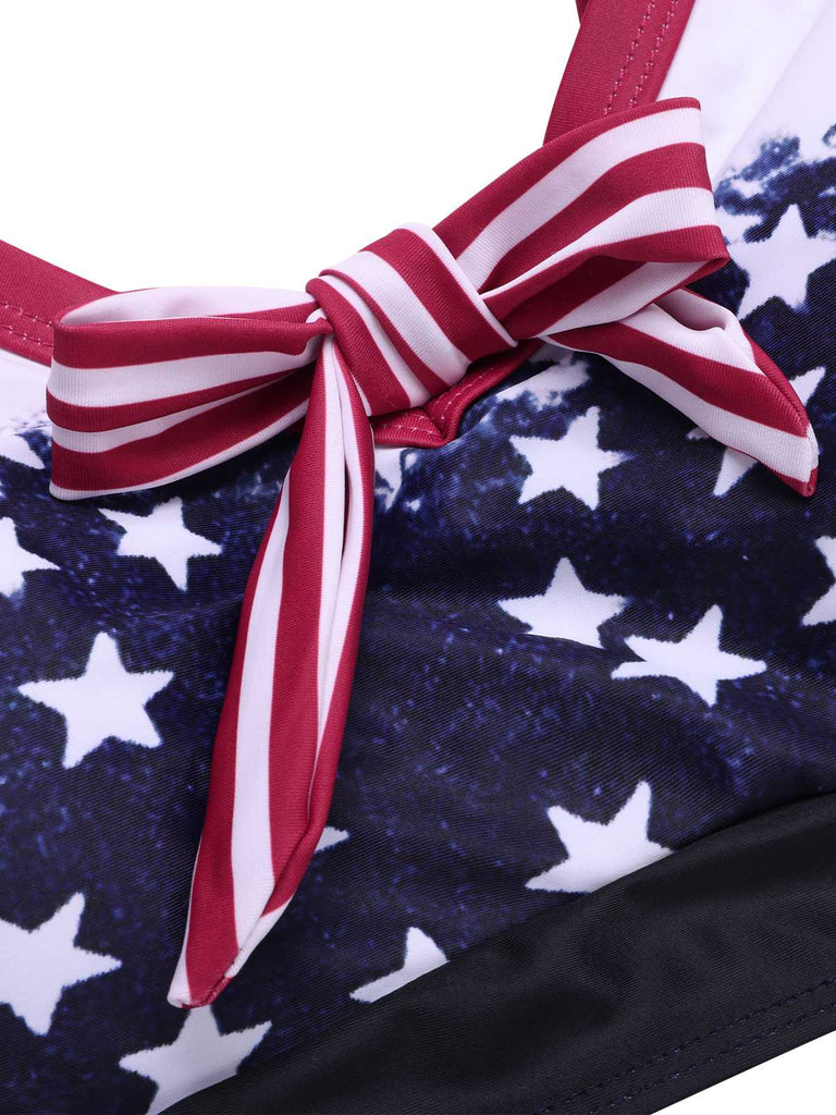 This 1960s Strap Stars Stripes Bow Bikini carries 1960s vacation dreams in every stitch