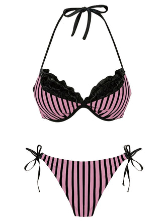 1960s Striped Mesh Halter Bow Bikini Set - vintage fashion, retro style