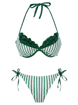 [Pre-Sale] Green 1960s Striped Mesh Halter Bow Bikini Set
