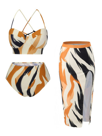 2PCS Multicolor 1960s Artistic Brush Straps Lace-Up Swimsuit & Cover-Up - vintage swimsuit, pin-up style