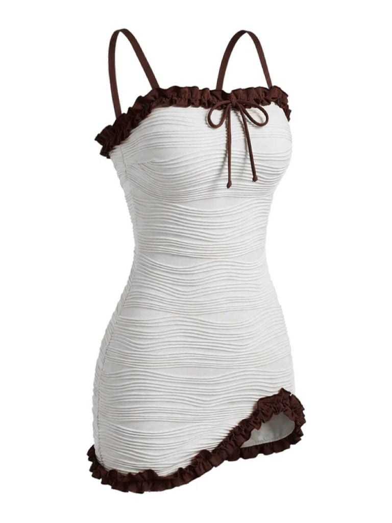 2PCS White 1960s Ruffle Tie Front Textured Bodycon Swimsuit - vintage swimsuit, pin-up style, elegant red