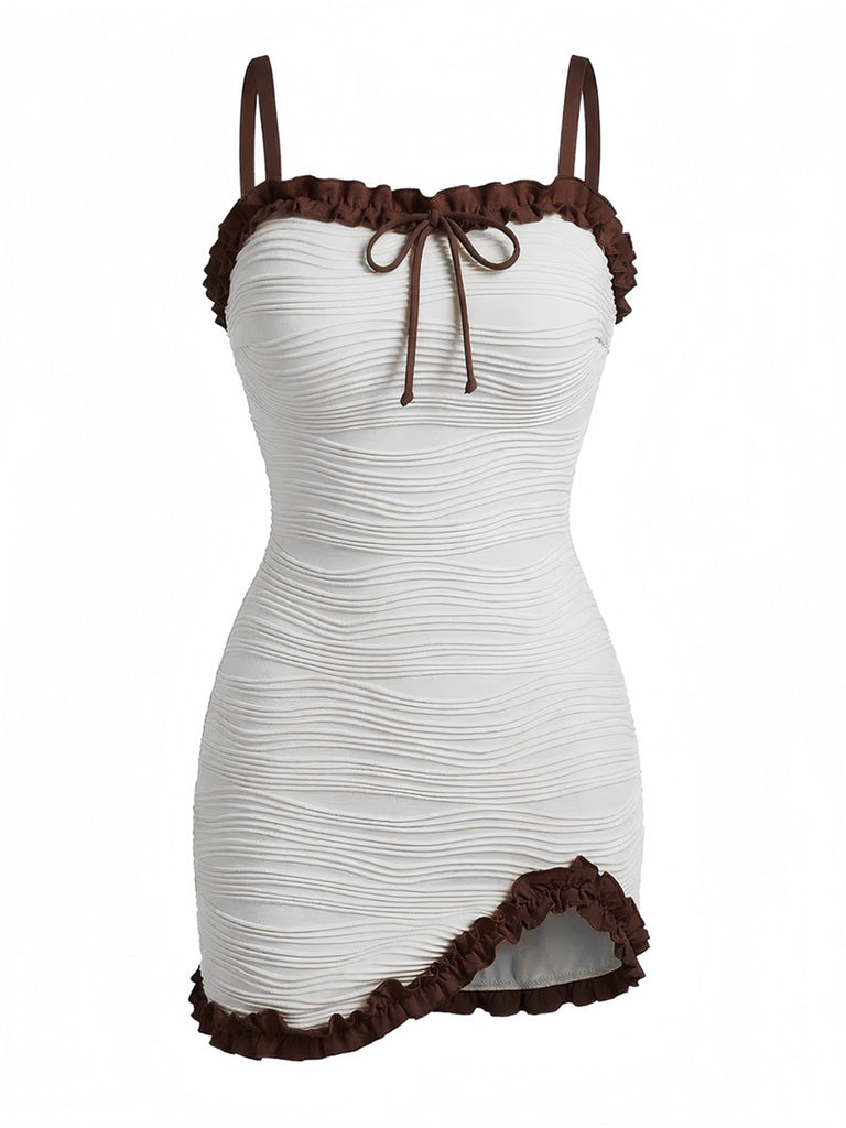 2PCS White 1960s Ruffle Tie Front Textured Bodycon Swimsuit - vintage swimsuit, pin-up style, elegant red