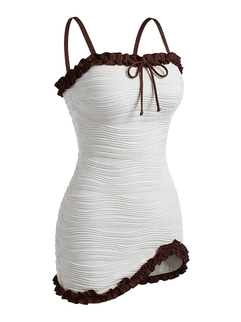 2PCS White 1960s Ruffle Tie Front Textured Bodycon Swimsuit - vintage swimsuit, pin-up style, elegant red