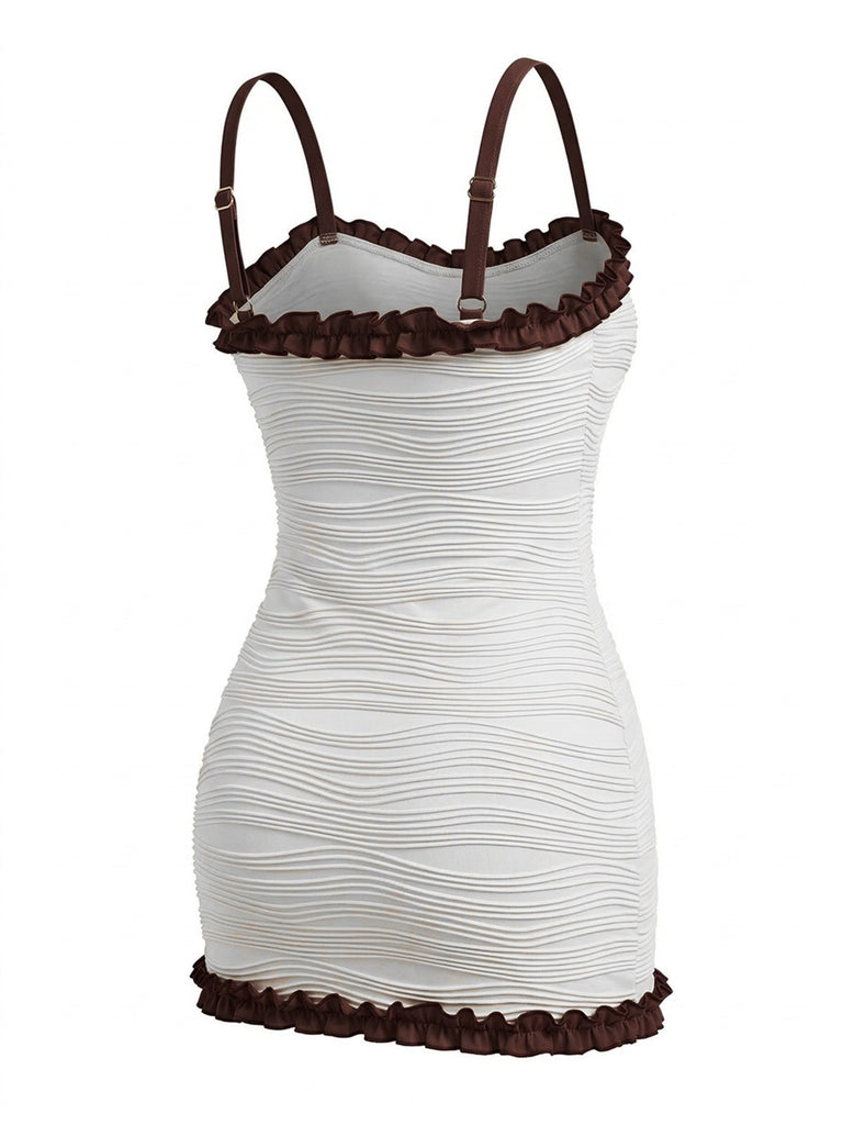 2PCS White 1960s Ruffle Tie Front Textured Bodycon Swimsuit - vintage swimsuit, pin-up style, elegant red