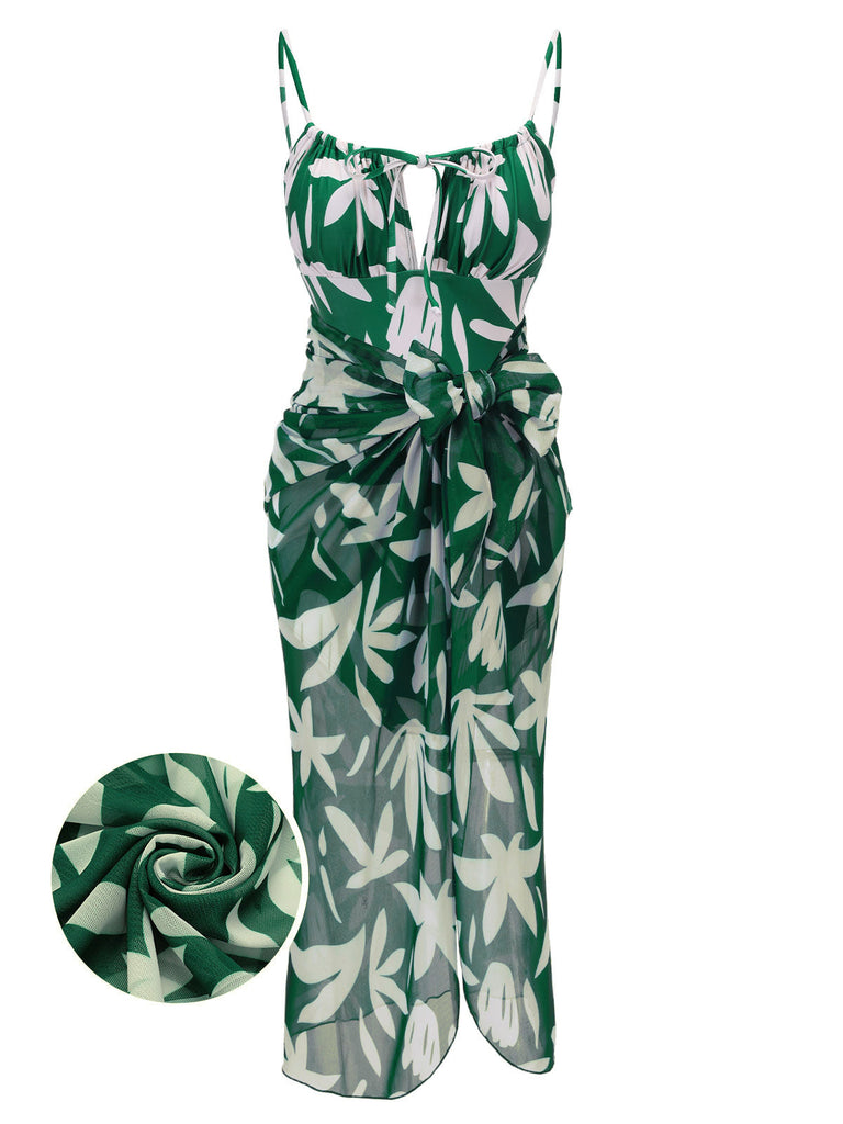 ‍1960s Green Leaf Sleeveless Camisole Strap Swimsuit (65% off) - vintage swimsuit, pin-up style