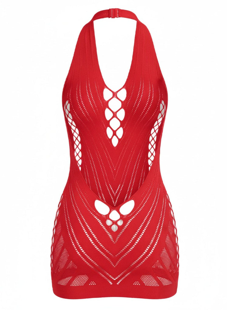 1960s Halter Fishnet Cutout Bodycon Mini Swimsuit Cover-Up - vintage swimsuit, pin-up style