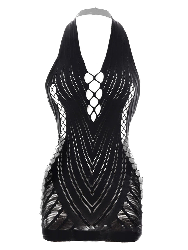 1960s Halter Fishnet Cutout Bodycon Mini Swimsuit Cover-Up - vintage swimsuit, pin-up style