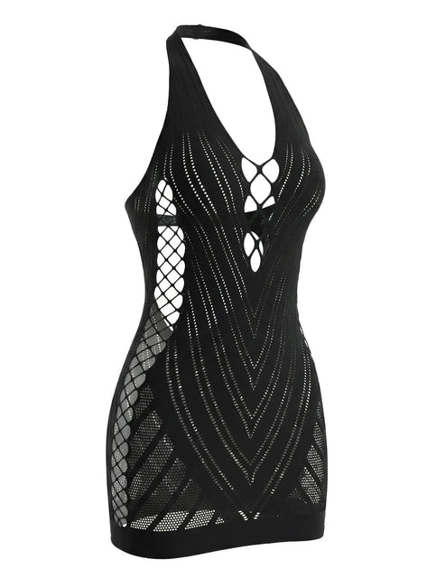 1960s Halter Fishnet Cutout Bodycon Mini Swimsuit Cover-Up