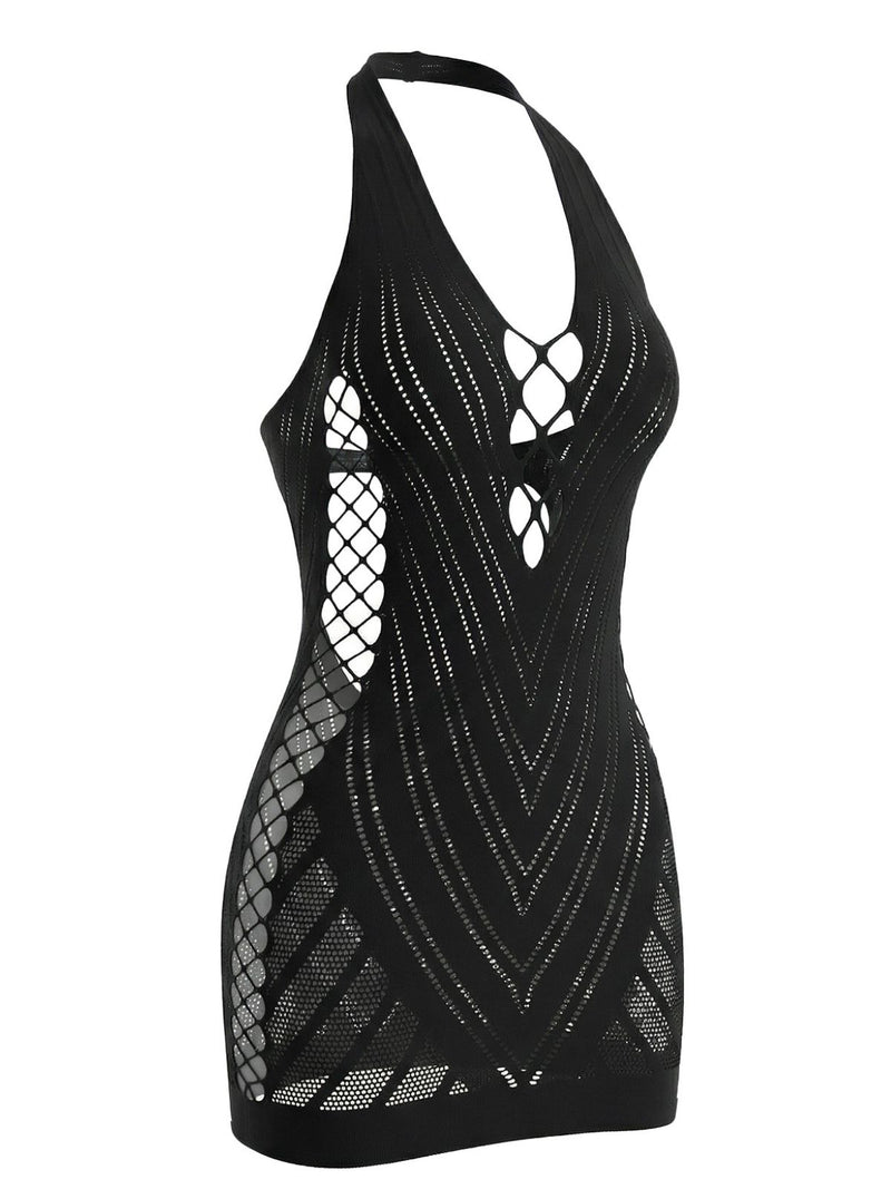 1960s Halter Fishnet Cutout Bodycon Mini Swimsuit Cover-Up