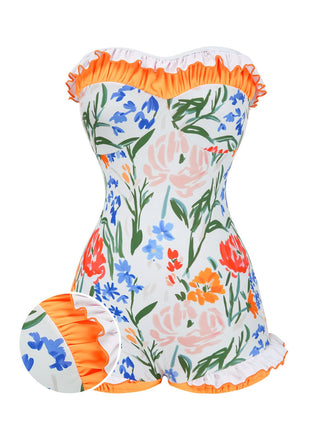 Multicolor 1960s Painted Floral Bandeau One-Piece Swimsuit - vintage swimsuit, pin-up style