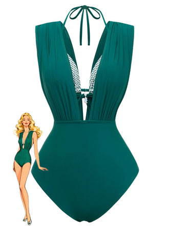 1960s Plaid Halter Bikini Top & Plunging Ruched Swimsuit - vintage swimsuit, pin-up style