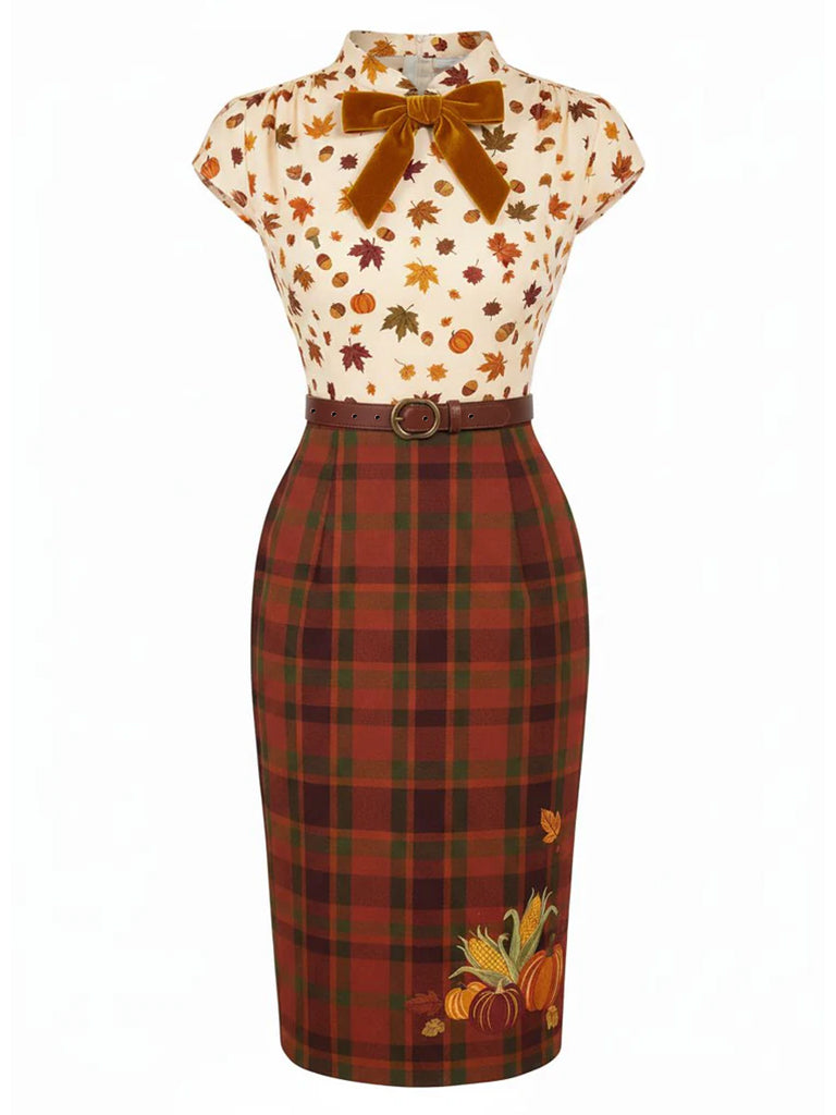 Retro Stage Thanksgiving Pumpkin Tartan Plaid Patchwork Pencil Bodycon Dress