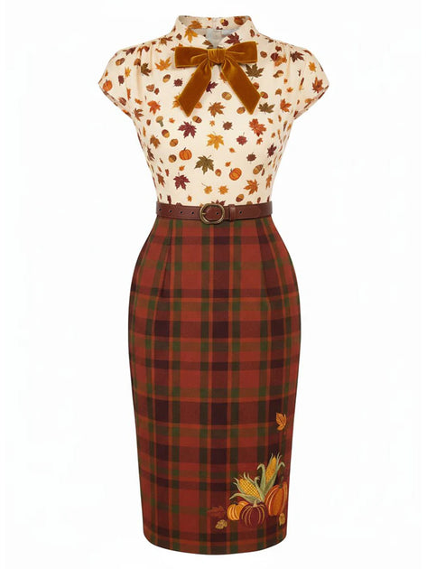 Retro Stage Thanksgiving Pumpkin Tartan Plaid Patchwork Pencil Bodycon Dress