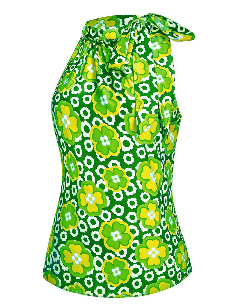 1960s Tie Neck Floral Sleeveless Top - vintage fashion, retro style