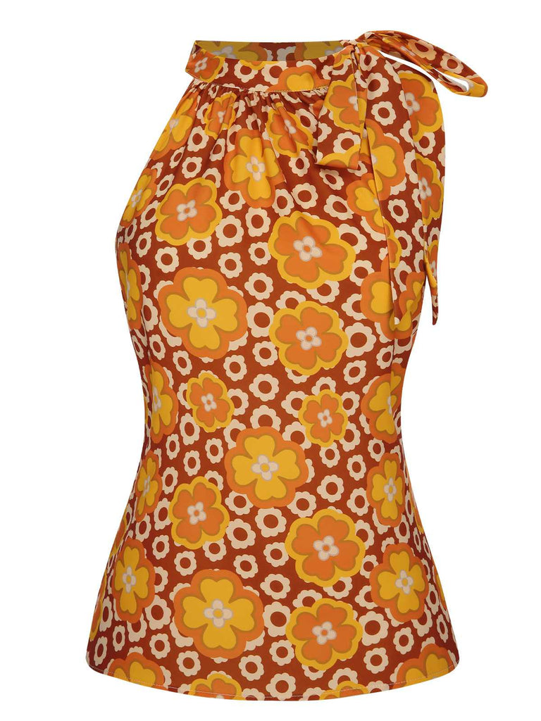 1960s Tie Neck Floral Sleeveless Top - vintage fashion, retro style