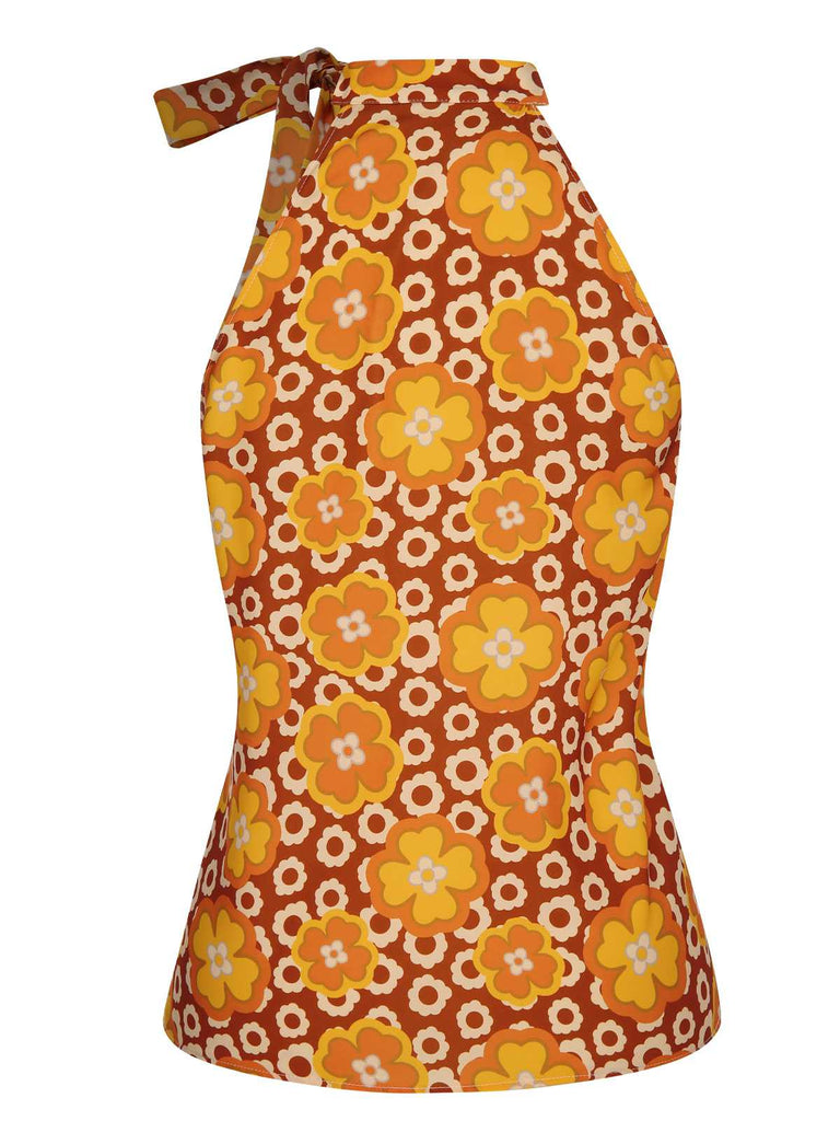 1960s Tie Neck Floral Sleeveless Top - vintage fashion, retro style