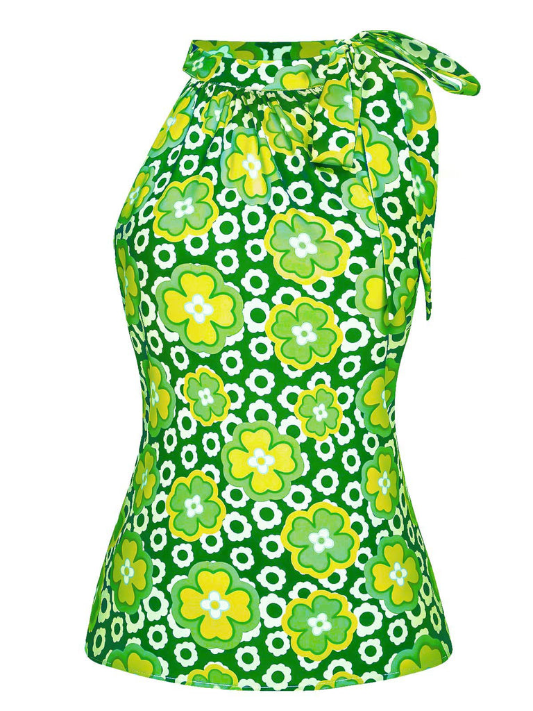 1960s Tie Neck Floral Sleeveless Top - vintage fashion, retro style