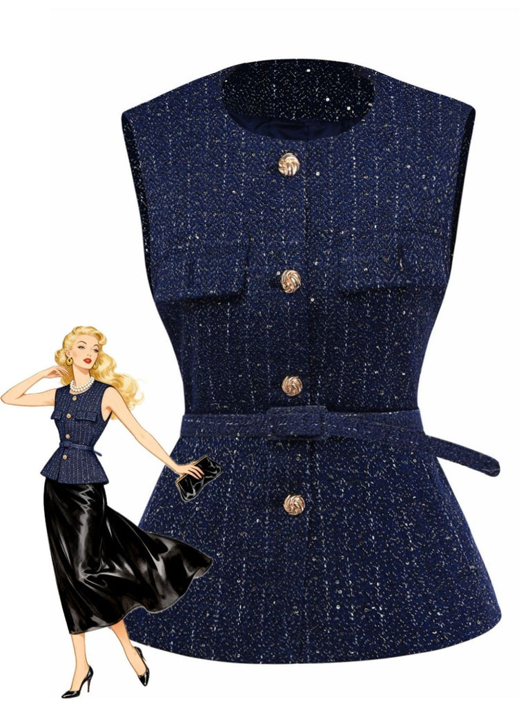 1960s Tweed Solid Button Belted Vest - vintage fashion, retro style