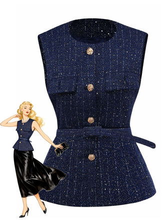 1960s Tweed Solid Button Belted Vest - vintage fashion, retro style