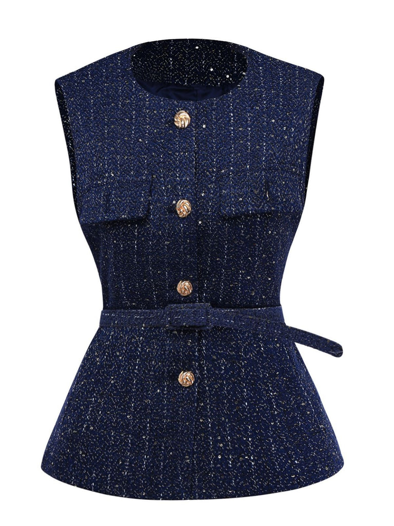 1960s Tweed Solid Button Belted Vest - vintage fashion, retro style