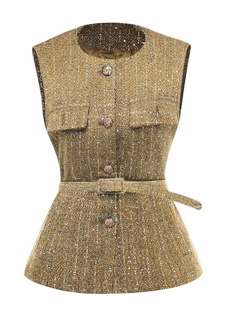 1960s Tweed Solid Button Belted Vest - vintage fashion, retro style