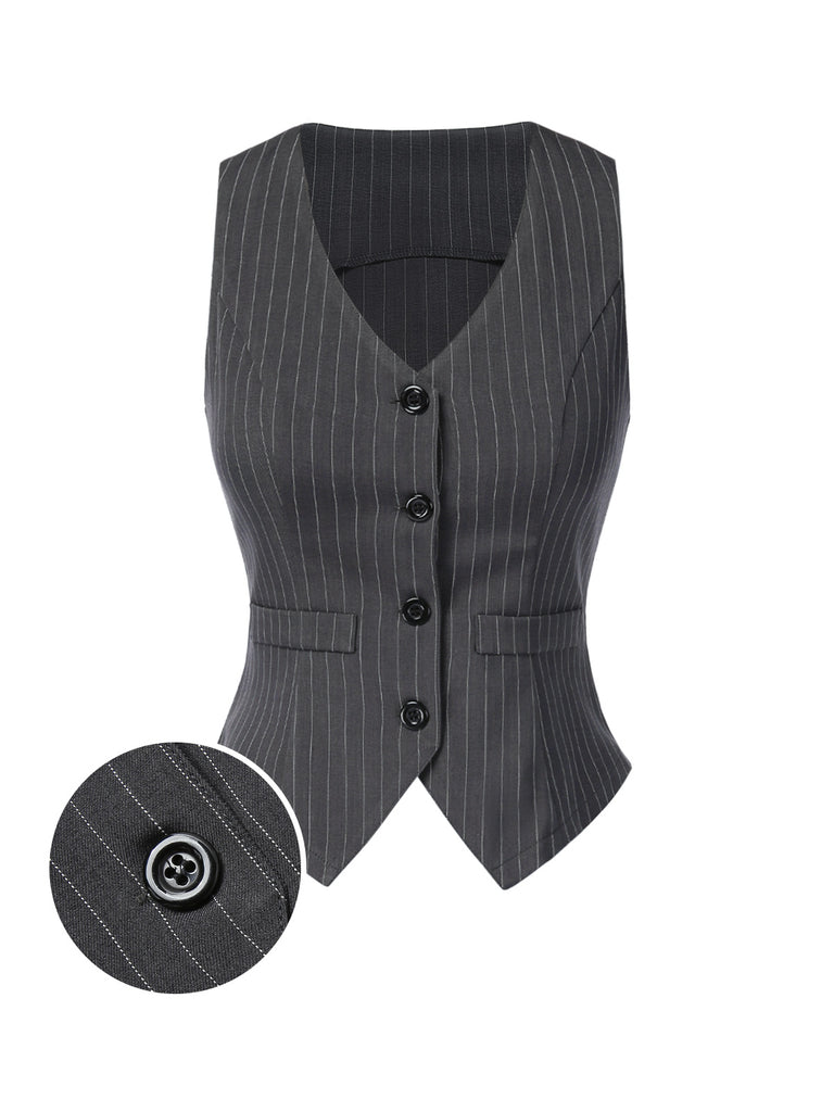 Dark 1960s V-Neck Pinstripes Sleeveless Top - vintage fashion, retro style