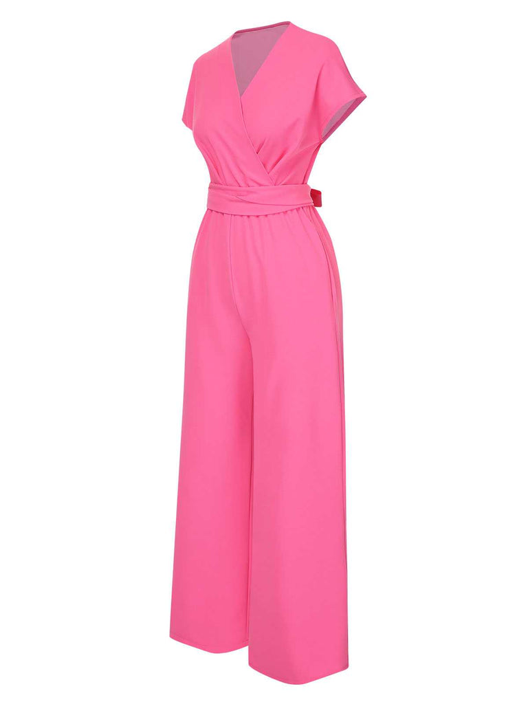 1960s V-Neck Belted Solid Jumpsuit — 1960s elegance in the palm of her hand