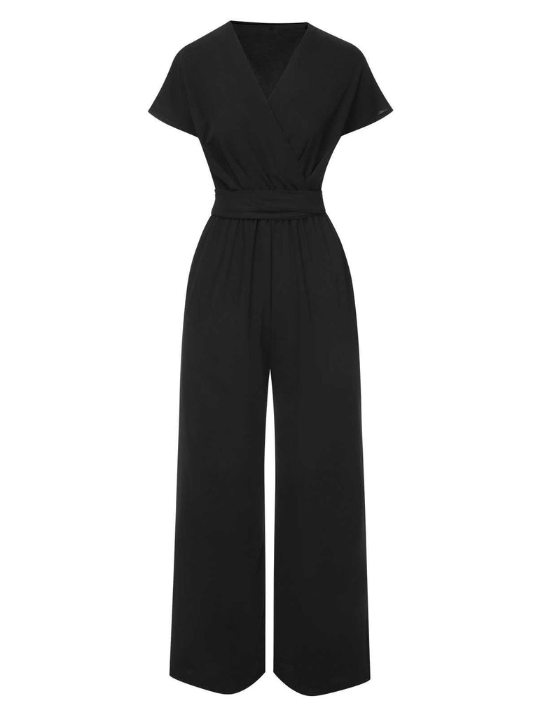 1960s V-Neck Belted Solid Jumpsuit: 1960s detail work for the woman who notices