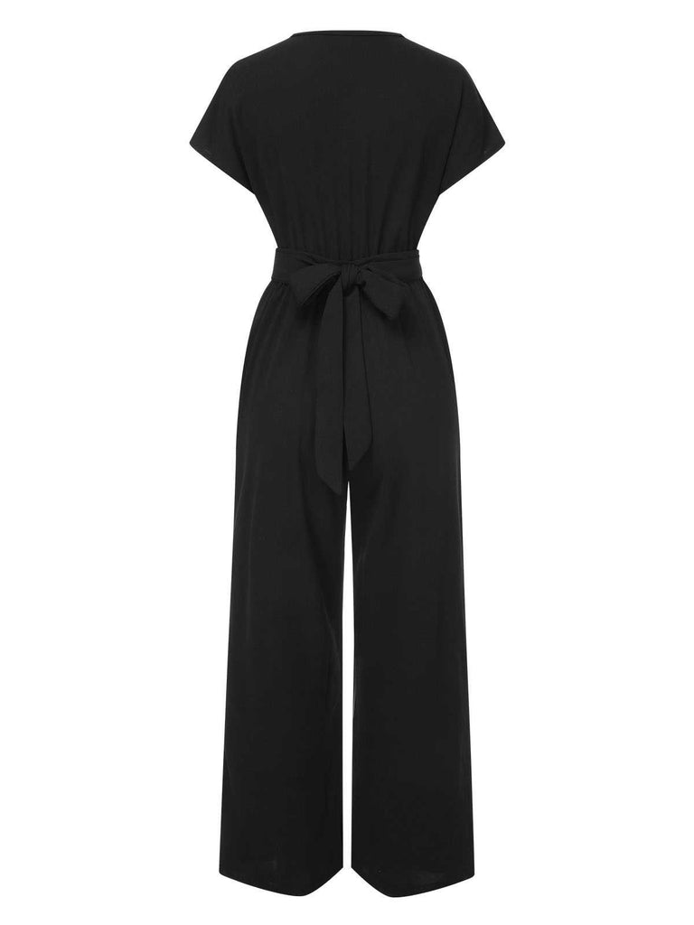 1960s V-Neck Belted Solid Jumpsuit — 1960s elegance in the palm of her hand