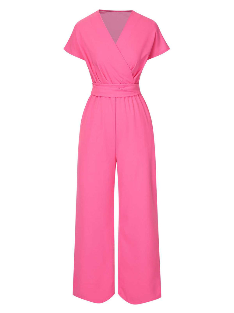 1960s V-Neck Belted Solid Jumpsuit — 1960s elegance in the palm of her hand
