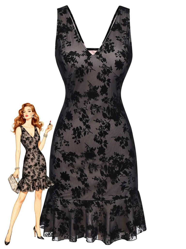 1960s V-Neck Floral Flocked Mesh Ruffle Hem Dress - vintage dress, retro fashion