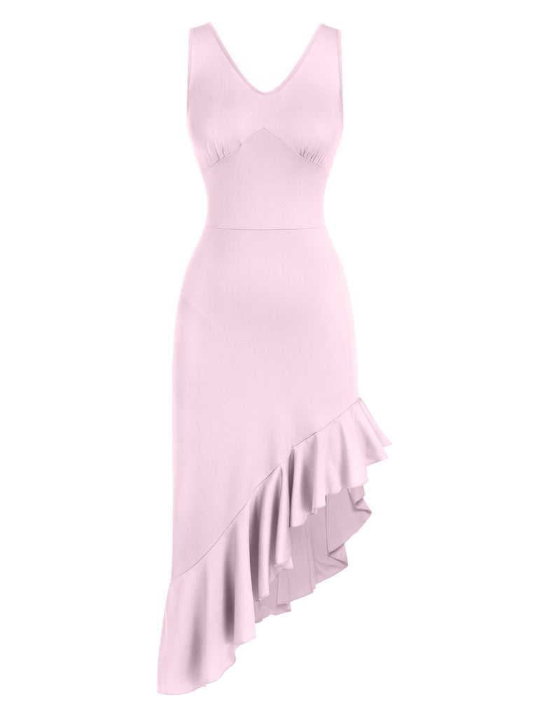 She slips into this 1960s V-Neck Oblique Ruffled Hem Sleeveless Dress and suddenly it's a 1960s daydream