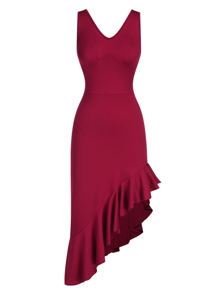 She slips into this 1960s V-Neck Oblique Ruffled Hem Sleeveless Dress and suddenly it's a 1960s daydream