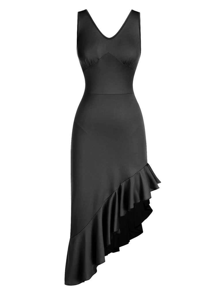 She slips into this 1960s V-Neck Oblique Ruffled Hem Sleeveless Dress and suddenly it's a 1960s daydream