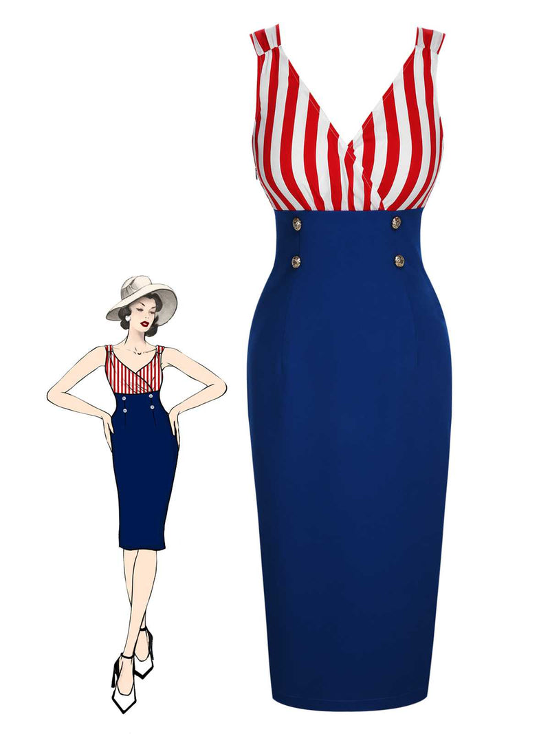red blue striped dress 1960s V-Neck Contrast Stripes Petal Blush Curve Black Velvet Wide Designed with a functional Size:M 6 / W 8