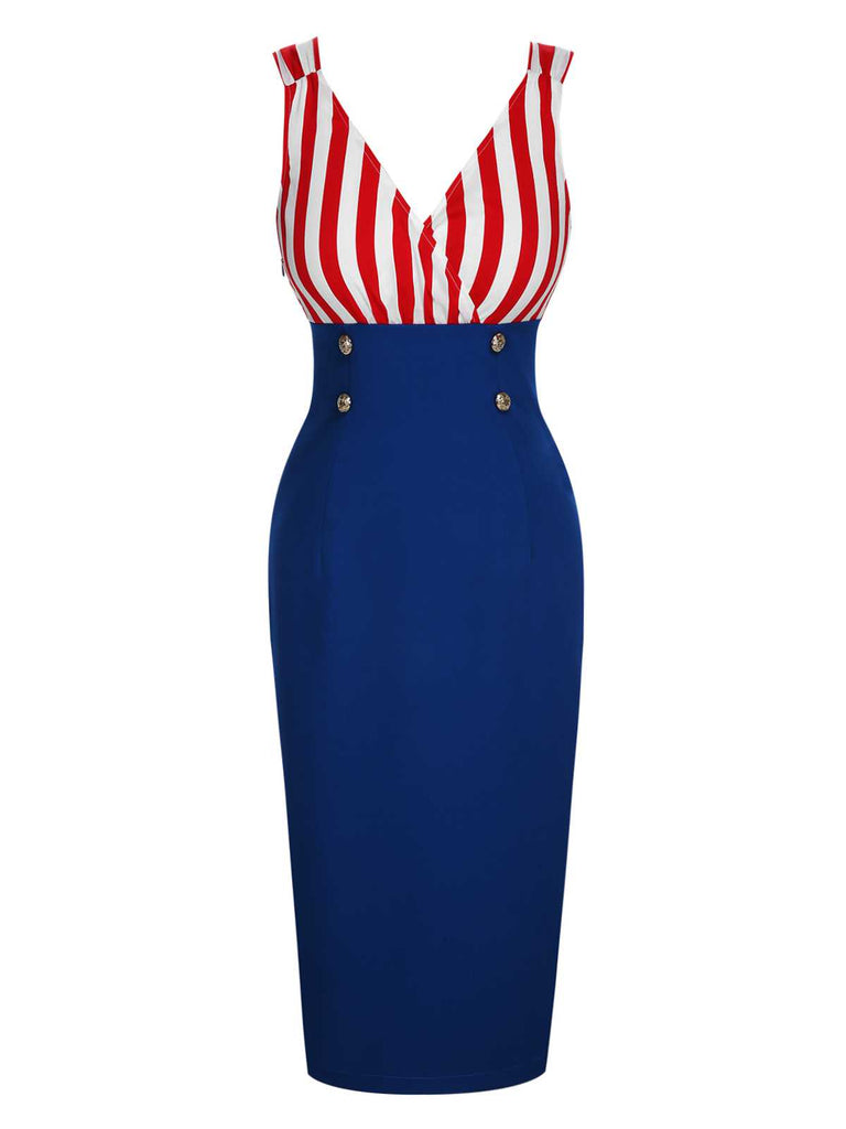 1960s V-Neck Red Blue Contrast Stripes Dress: where 1960s romance meets her modern spirit