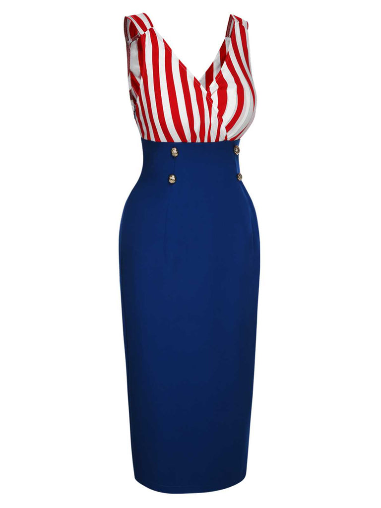 This 1960s V-Neck Red Blue Contrast Stripes Dress wraps her in 1960s elegance, one twirl at a time