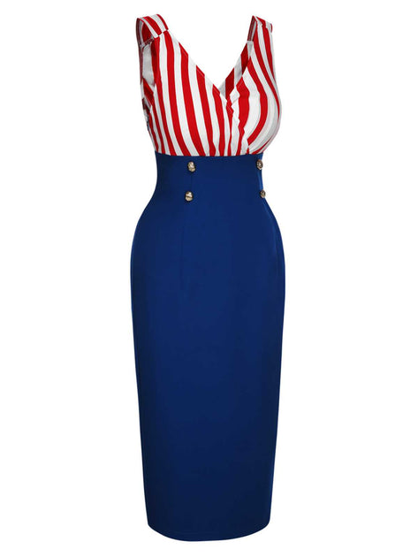 1960s V-Neck Red Blue Contrast Stripes Dress