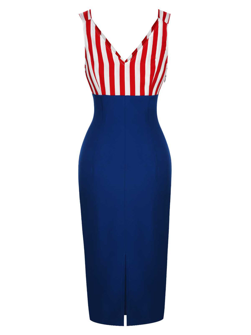 1960s V-Neck Red Blue Contrast Stripes Dress