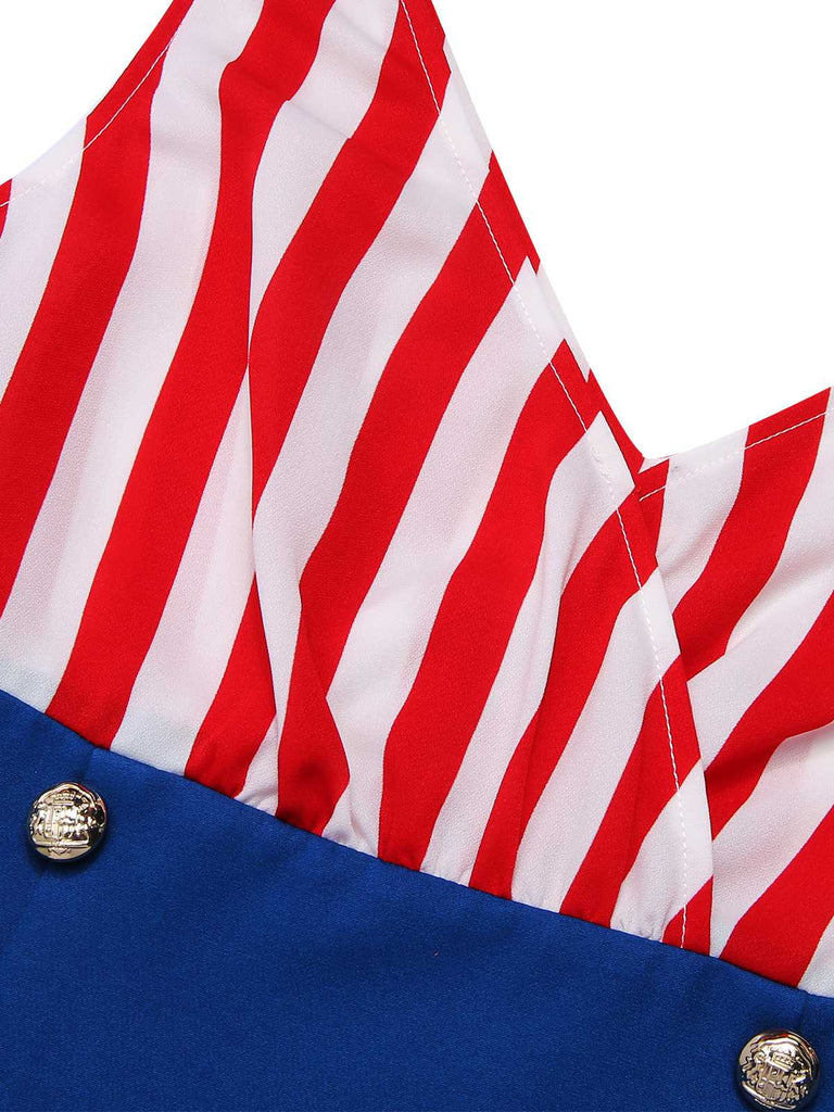 1960s V-Neck Red Blue Contrast Stripes Dress — a 1960s silhouette that turns sidewalks into runways