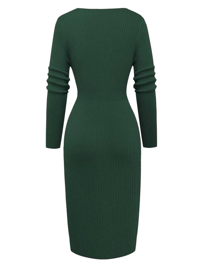 1960s V-Neck Ribbed Knit Button Bodycon Dress - vintage dress, retro fashion
