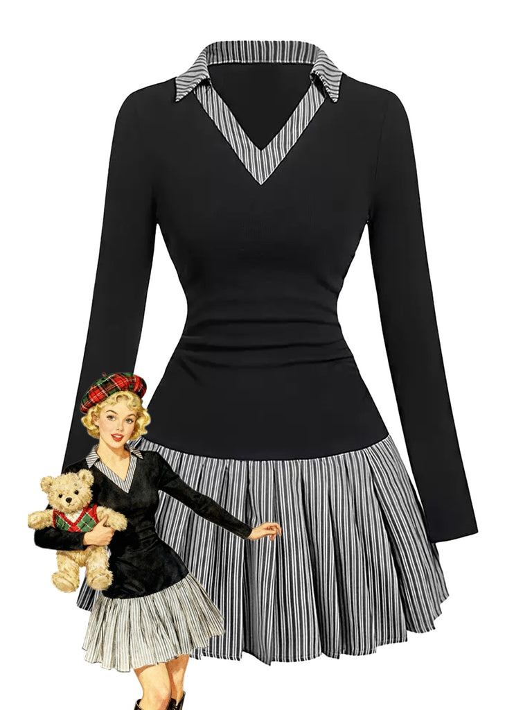 Womens V-Neck Striped Patchwork Long Sleeve Pleated Mini Dress Black Womens V-Neck Striped Patchwork Long Sleeve Pleated Mini Dress Black